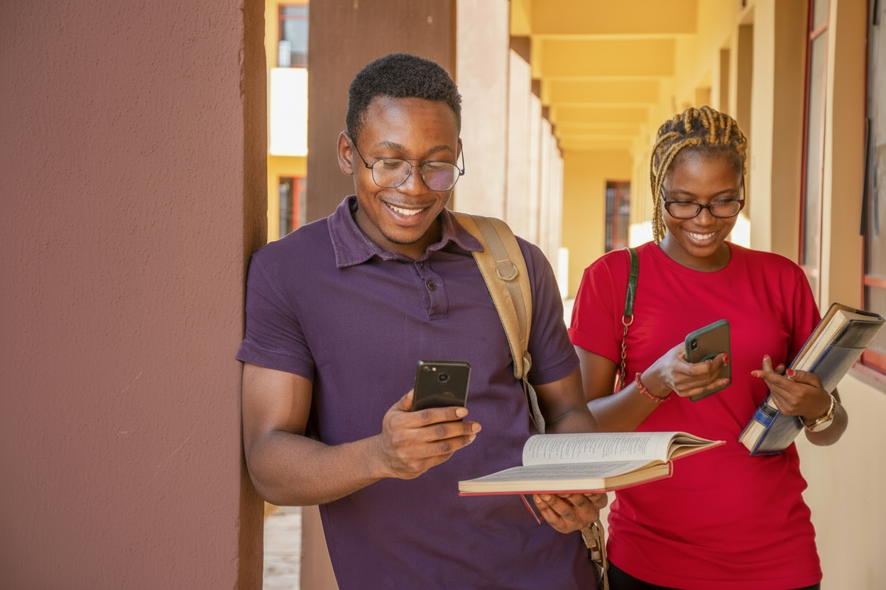 Young students looking at phone